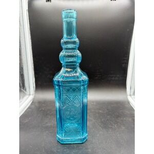 Vintage Turquoise Blue Glass Decorative Bottle Embossed Square Decanter 11.75"